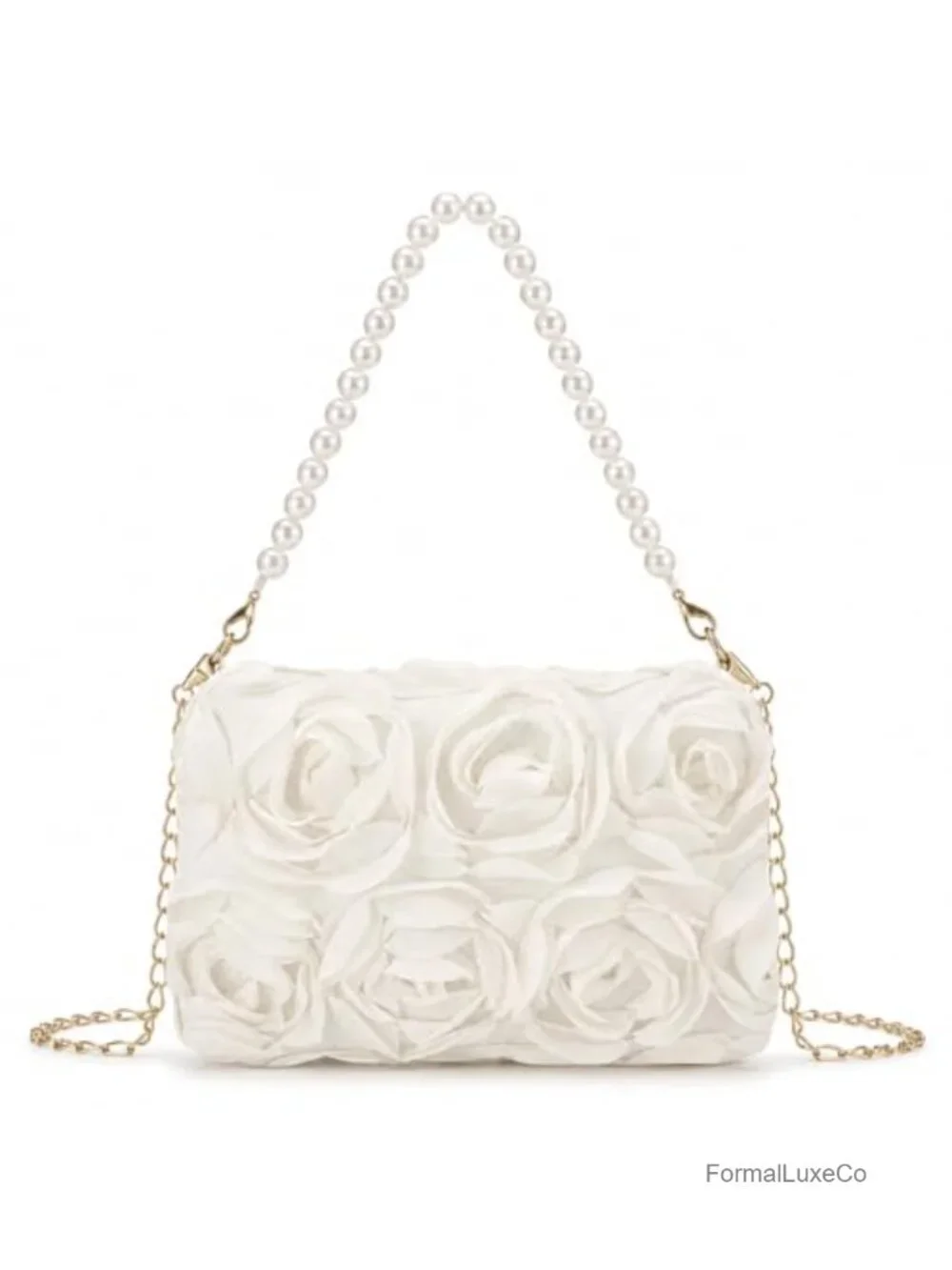 3D Floral Satin Evening Clutch with Pearl Beaded Top Handle Detachable Gold